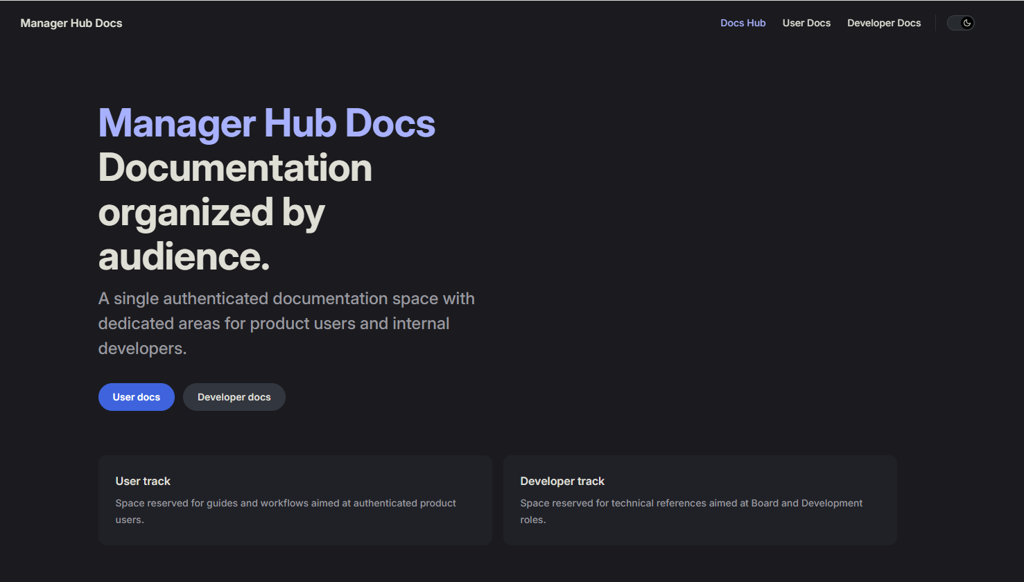 Interface da documentação interna do Manager Hub com trilhas de User Docs e Developer Docs